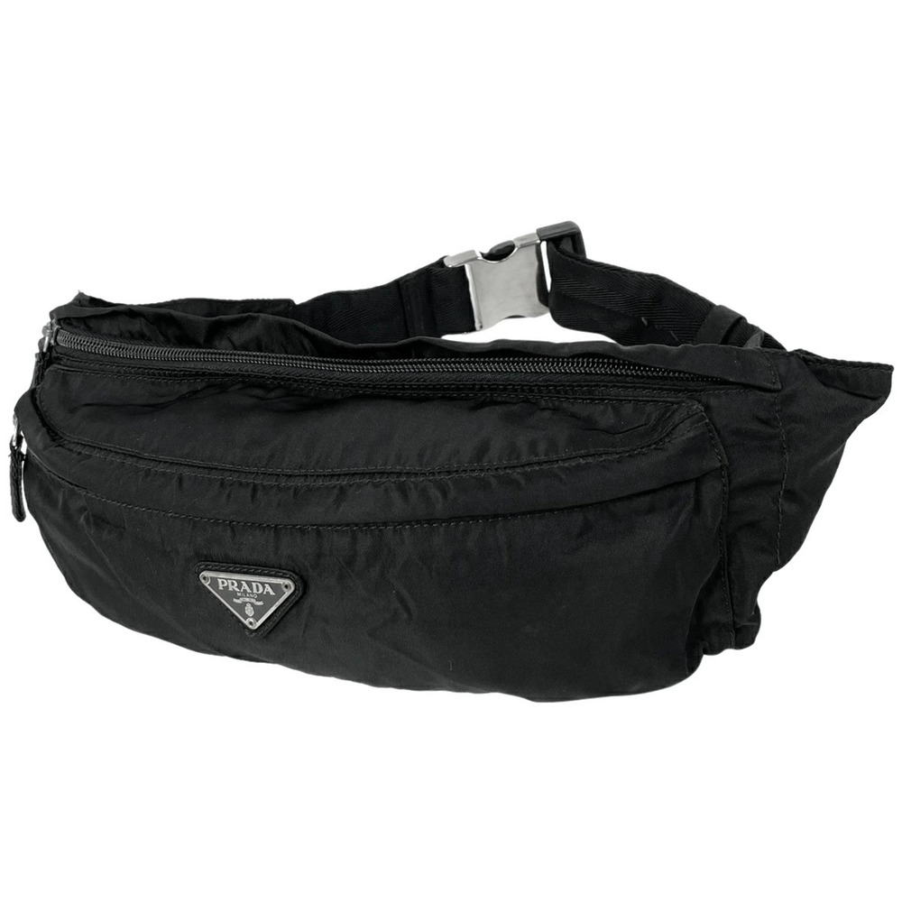 Prada Logo Plate Waist Bag Body Bum Crossbody Belt Tessuto Nero Black